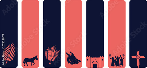 Foto Set of six vertical bookmarks with religious and cultural symbols for Easter and Lent