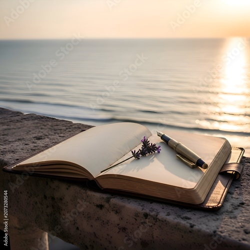 Open Vintage Notebook and Pen on Balcony Overlooking Sea at Sunset, Serene Writing Concept