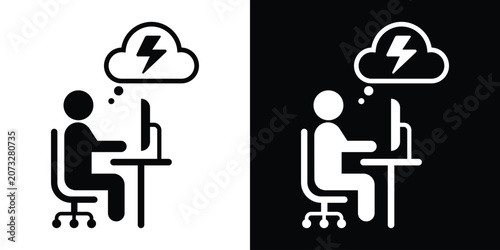 Canvastavla Businessman working on a desktop computer under a storm cloud, symbolizing high work pressure or a breakthrough idea