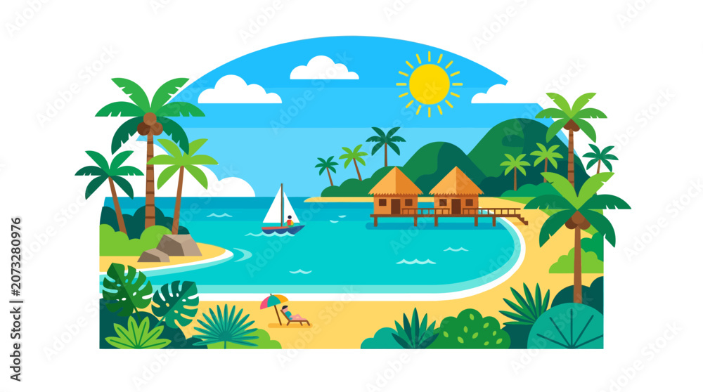 Obraz premium Tropical Island Paradise: Beach Huts, Palm Trees, Sailboat, Sunny Day