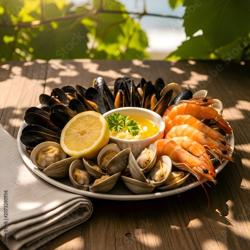 Fresh Seafood Platter with Mussels Clams and Shrimp Served on a Wooden Table in Summer Sunlight