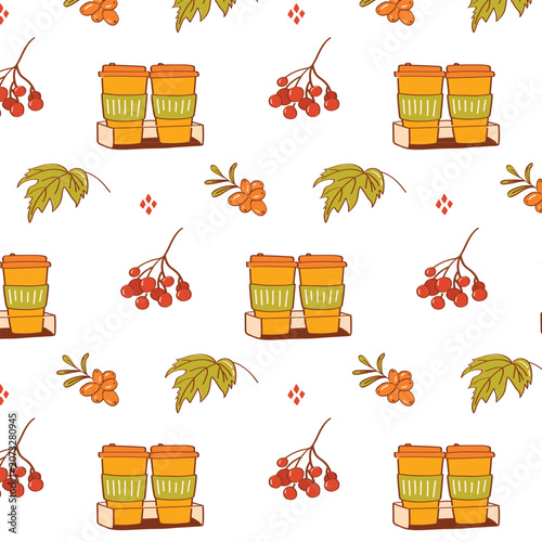 Cute Autumn Coffee Cups and Berry Branches Pattern for Cafe Packaging and Seasonal Stationery