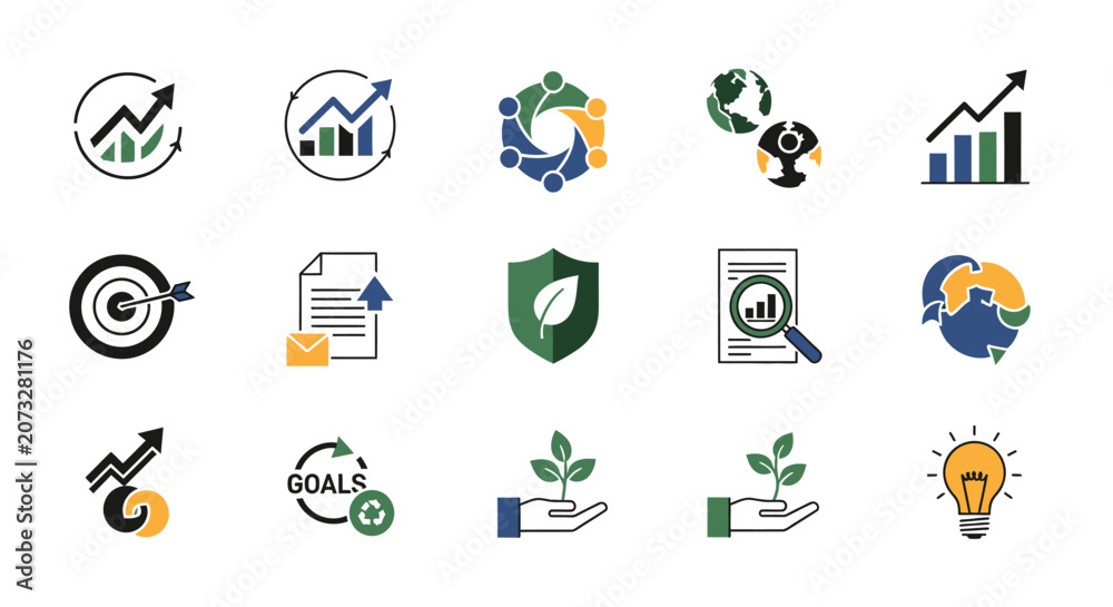 Fototapeta premium Collection of business and finance icons representing growth and strategy.
