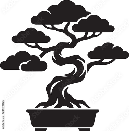 Bonsai tree silhouette icon in a pot isolated on a transparent background for design.