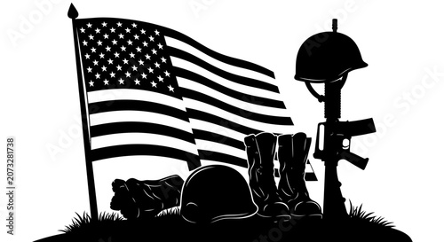 Photos Memorial tribute to fallen soldiers with american flag helmet rifle