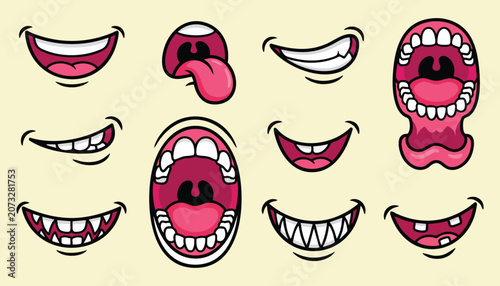 Fotografía Set of cartoon mouths with different expressions, funny comic style lips and tee