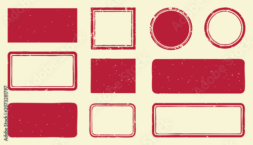 Set of various grunge rubber stamp frames and banners, empty distressed ink seals, rectangular and circular shapes for design elements, vintage textured borders for labels and badges