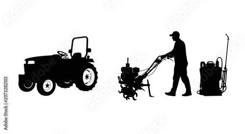 Obraz na płótnie Silhouette of farmer using tiller