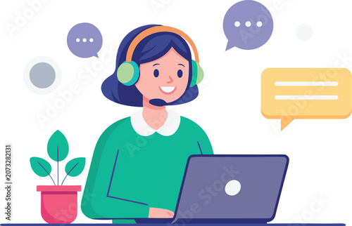Customer support representative with headset working on laptop isolated on transparent background