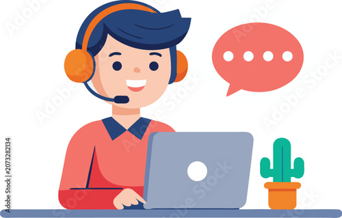 Customer support representative with headset working on laptop isolated on transparent background