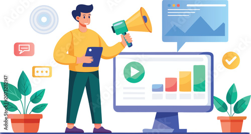 Digital marketing announcement man with megaphone data analytics and devices isolated on transparent background