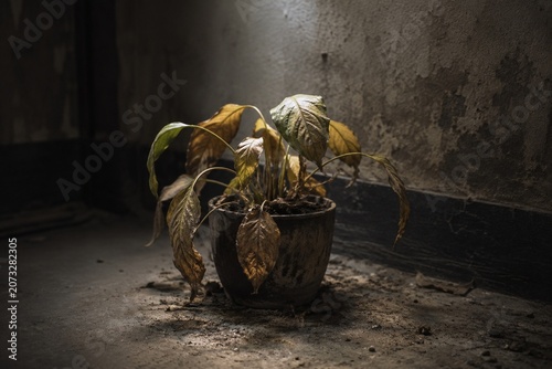 A single neglected plant with yellowing leaves in a dim corner.