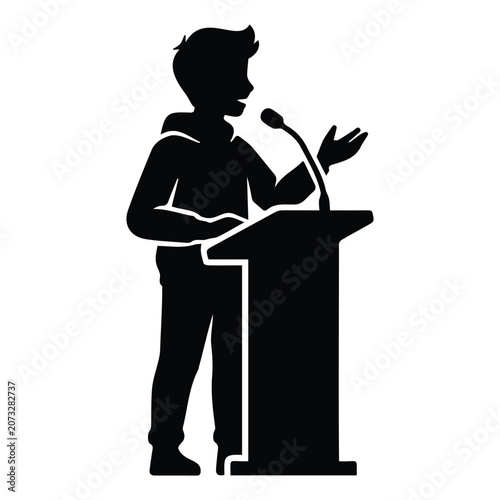 Public speaker vector illustration silhouette standing at podium giving speech presentation.