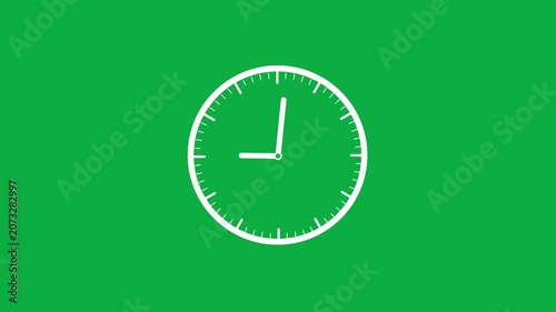 A bright green background serves as the backdrop for a minimalist white analog clock face with clear white tick marks for hours and minutes and two white hands indicating the time of approximately