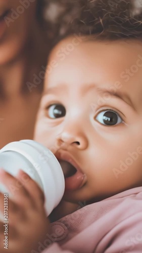 Adorable biracial infant with curly hair drinking milk from a bottle. A cute newborn is in his mother's arms during a feeding session