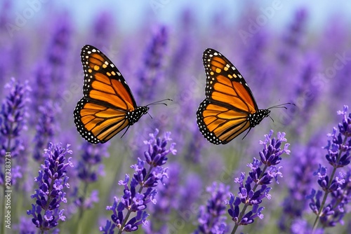 Two monarch butterflies flying in unison among purple lavender flowers, synchronized wings.