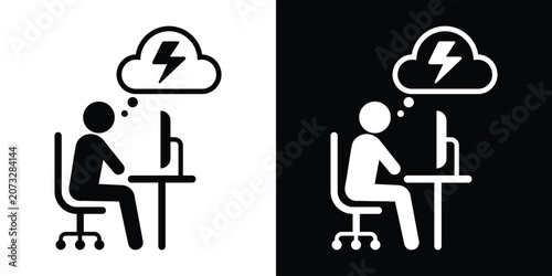 Konstfotografi Businessman working on a desktop computer under a storm cloud, symbolizing high work pressure or a breakthrough idea