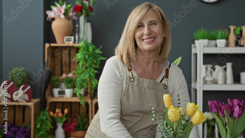 Fotografie Woman florist holding a vase of yellow tulips in a studio, arranging stems and smiling while adjusting flowers; contentment