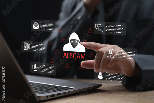 Businessman evaluating AI fraud risks, Ethical concerns, Recognizing phishing emails identity theft fake invoices, Voice impersonation scams, promoting responsible AI, Cybersecurity awareness
