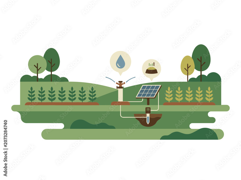 Fototapeta premium Smart Irrigation System With Automated Sprinkler And Crop Monitoring Icons In Rural Farm Field