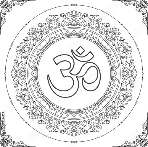 Spiritual Om Symbol in Beautiful Floral Mandala Frame Vector Illustration