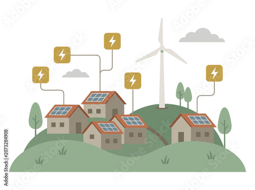 Clean Vector Renewable Energy Village With Solar Roof Houses And Wind Turbine On Green Hill