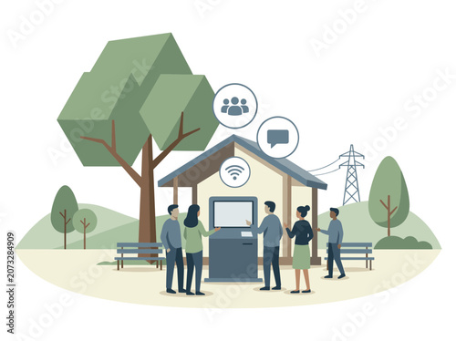 Community Digital Kiosk Under Large Geometric Tree Near Village Pavilion With People Gathering