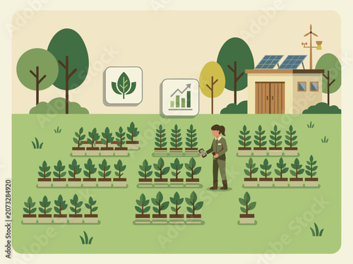 Community Tree Nursery With Grid Rows Of Saplings And Worker Using Handheld Device