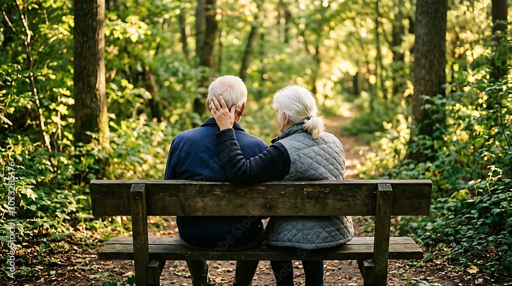 Fototapeta premium Couple sitting on park bench embracing in serene woodland setting