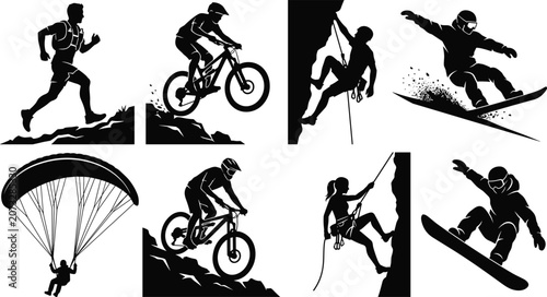 Foto Extreme sports silhouettes set featuring trail running mountain biking rock clim