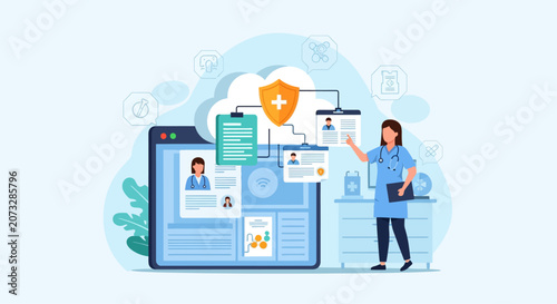 Healthcare professional in blue scrubs managing patient electronic records on a large digital screen with a secure cloud storage shield and data icons in a flat vector style.