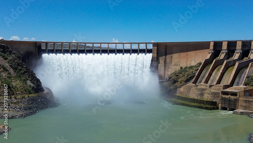 Aerial view of the Vanderkloof Dam and hydroelectric dam is situated approximately 130 km downstream from Gariep Dam and is fed by the Orange River.