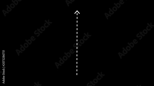 A pure black background is adorned with a vertical white dashed line, and at its upper extremity, a white arrow points upwards, signifying an upward direction or ascent