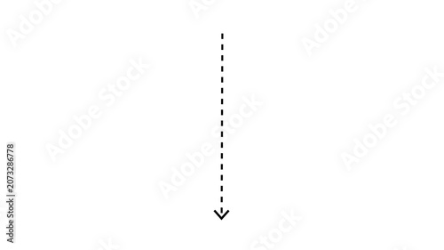 A stark white background displays a vertical dashed black arrow pointing downwards with a clear arrowhead at its base