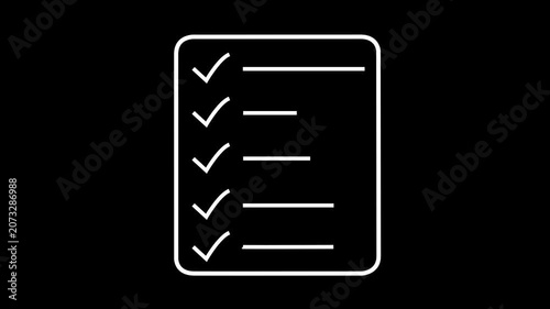 A vertical list icon with five completed tasks represented by white checkmarks and horizontal lines on a black background, symbolizing a to-do list or checklist