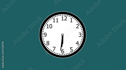 A classic analog clock with a white face, black numbers, and black hands indicating approximately 3:40, set against a deep teal background with a dotted minute track around the dial
