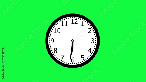 A simple analog clock with a white face, black numbers, and black hands showing the time as approximately 3:40, set against a bright green screen background