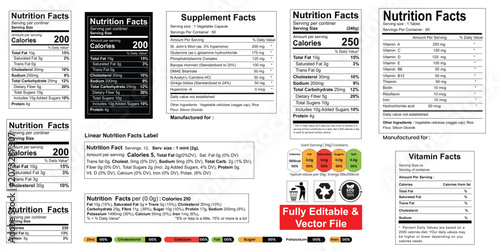 Bild auf Leinwand Nutrition Facts, nutrition facts label template – food information panel, supplement facts, vitamin facts, detailed nutrition facts with calories and ingredients