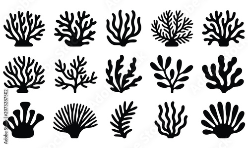 Collection of diverse black coral silhouettes featuring various organic shapes and intricate branch patterns isolated on a plain white background