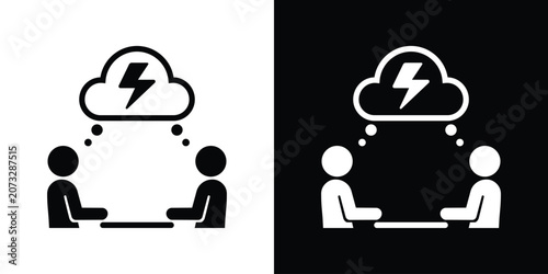 Bild auf Leinwand Brainstorming icon featuring two people under a lightning cloud, symbolizing a sudden concept, conflict, or intense creative debate
