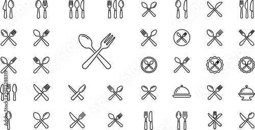 Schilderij op canvas Cutlery and restaurant thin line icon set with crossed spoon fork knife and food