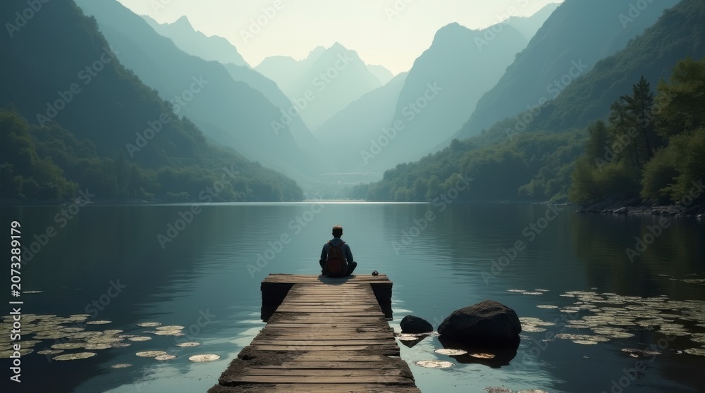 Obraz premium Person Meditating on a Dock by a Serene Lake Surrounded by Mountains