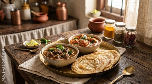 Authentic Indian Meal with Curries and Paratha on Rustic Table.