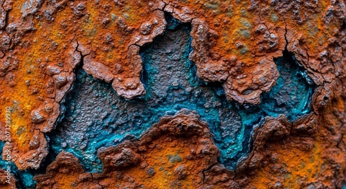 Close-up Macro Texture of Rusted Metal with Blue Patina.