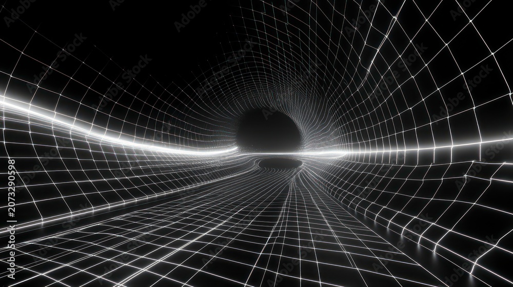 Naklejka premium 3d abstract black and white background. Retrowave retro 80s 90s futuristic grey laser neon grid surface. Wireframe tunnel net in dark space isolated black Disco music template