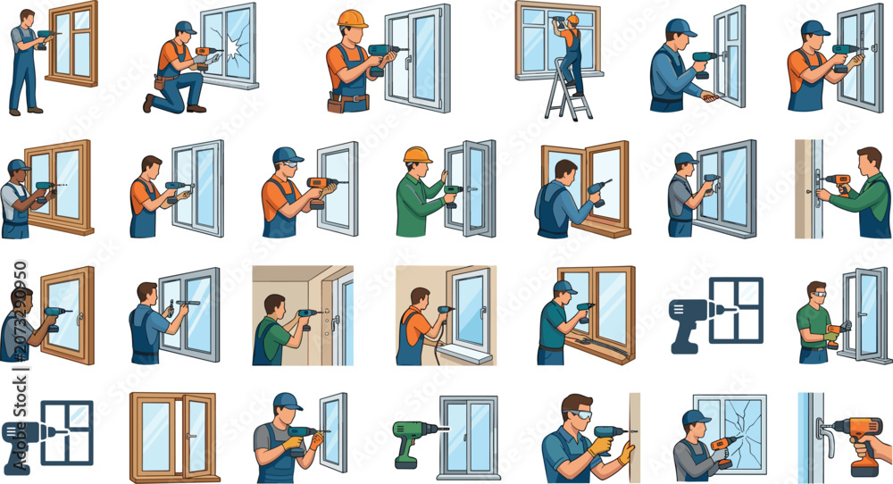 Fototapeta premium Window installation vector home repair icon set for construction maintenance worker service isolated on white background