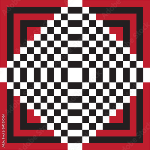 Geometric Optical Illusion Op Art Pattern. Abstract Red, Black, and White Geometric Op Art Pattern with Central Checkerboard Diamond.