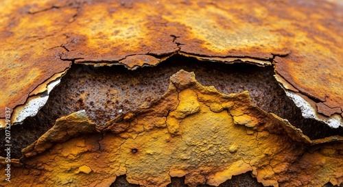 Close-up Macro Texture of Corroded Rusty Metal Surface with Peeling Paint.