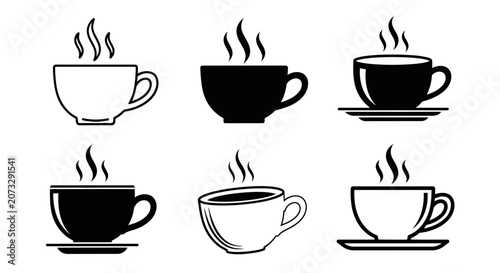 Six steaming coffee cups in side profile view showing variations of outline and solid silhouette for hot beverage concept