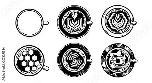 Set of six coffee cup top view icons showing various stages of latte art creation and decorative foam patterns